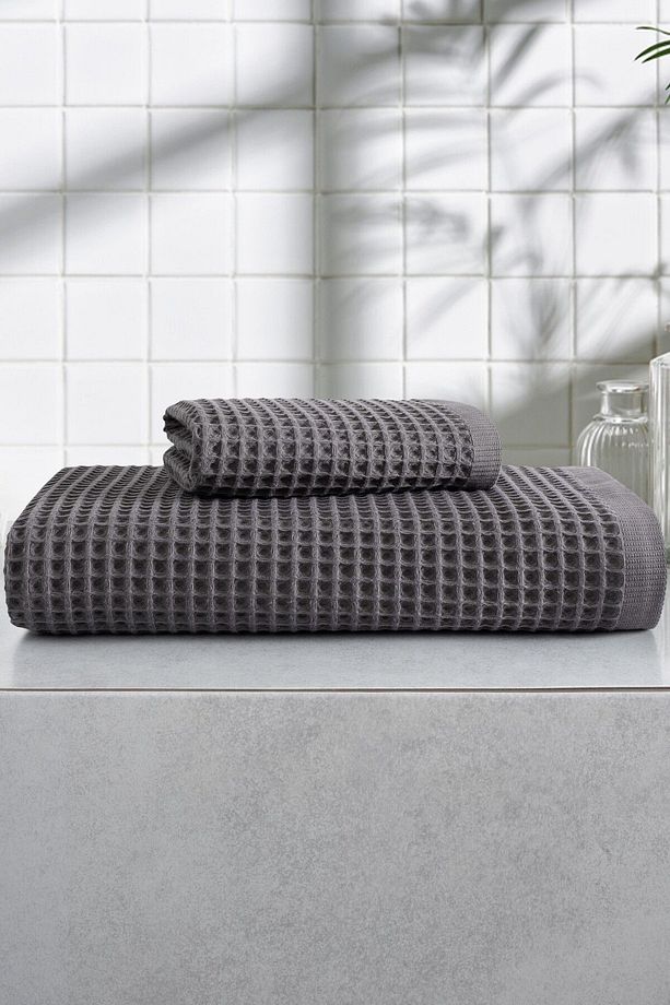 2'li Waffle Banyo Havlu Seti- Ekstra Yumuşak Ve Petekli Doku - %100 Pamuk &yüksek Su Emici- Antrasit - 1