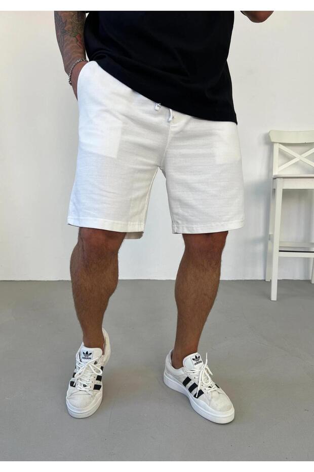 Men's White Linen Shorts with Pockets and Elastic Waist Comfortable Fit Capri