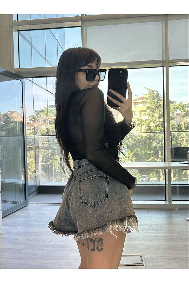 Püsküllü Denim Şort Antrasit Gri - 4