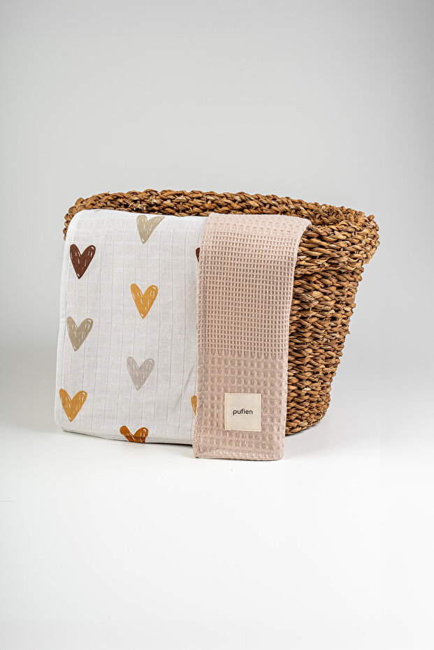 Heart Patterned Multi-Purpose Muslin Baby Blanket, Waffle Baby Blanket & Blanket