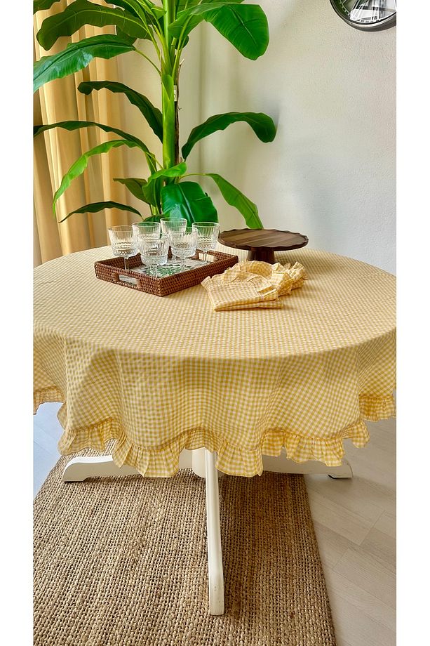 Thin Keten Sarı Mini Pötikareli Fırfırlı Yuvarlak Masa Örtüsü - 4