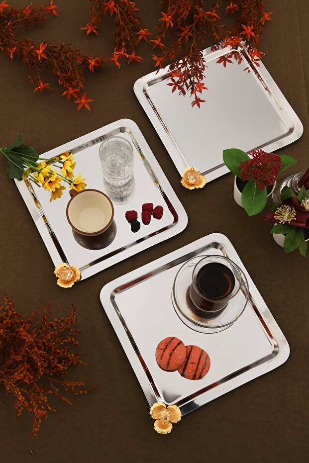 Vundol Gold Stone Detailed 3-Piece Presentation Tray Silver