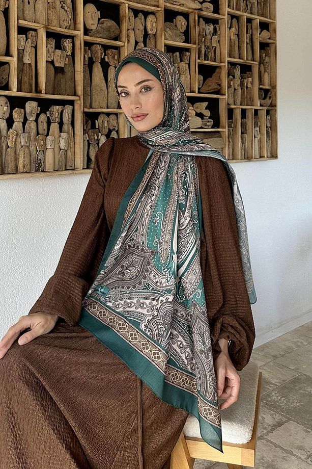 Retro Desen Pamuk Şal Zümrüt Yeşili - 3