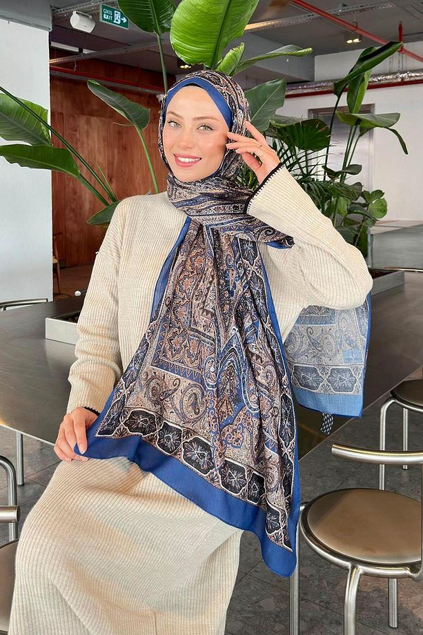 Retro Desen Pamuk Şal Indigo Bej - 3