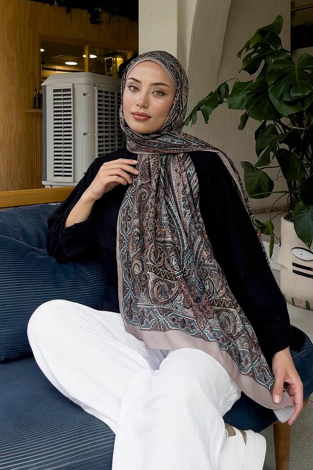 Retro Desen Pamuk Şal Vizon Yeşil - 3