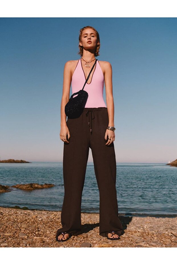 Keten karışımlı beli elastik pantolon - 6