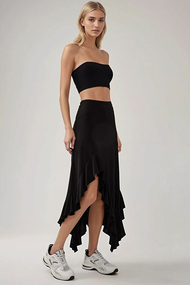 Dantelli Drapeli Asimetrik Maxi Etek - 6