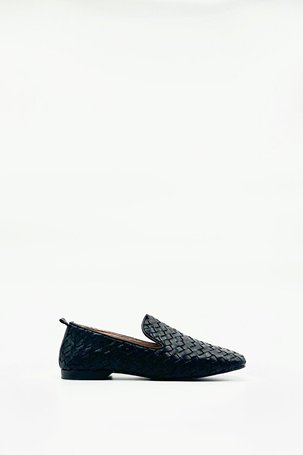 Black Genuine Leather Knitted Patterned Loafer Shoes