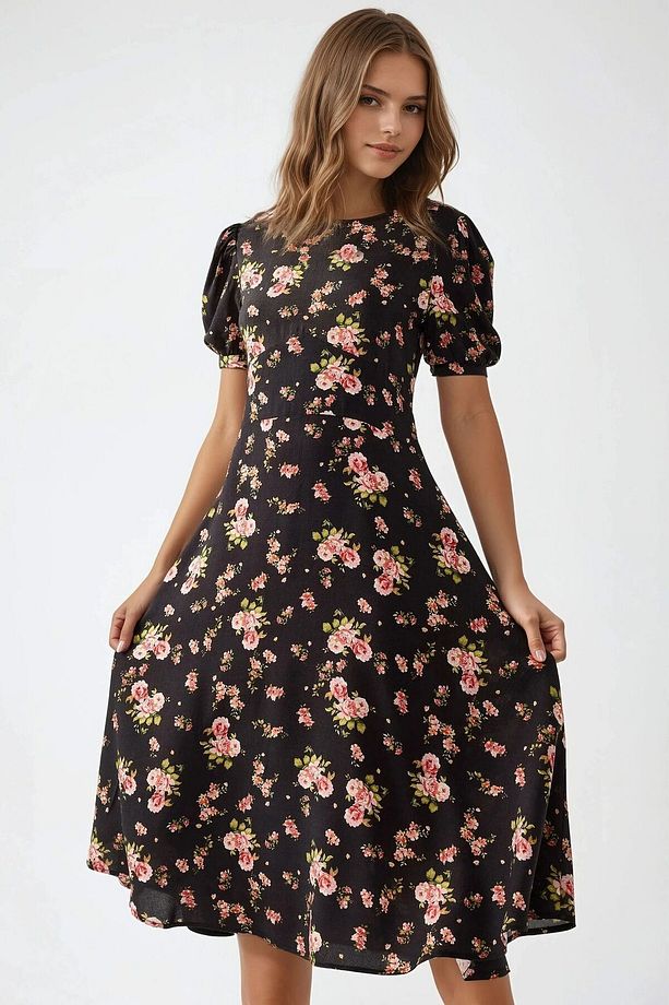 Çiçek Desenli Bisiklet Yaka Midi Elbise - 5