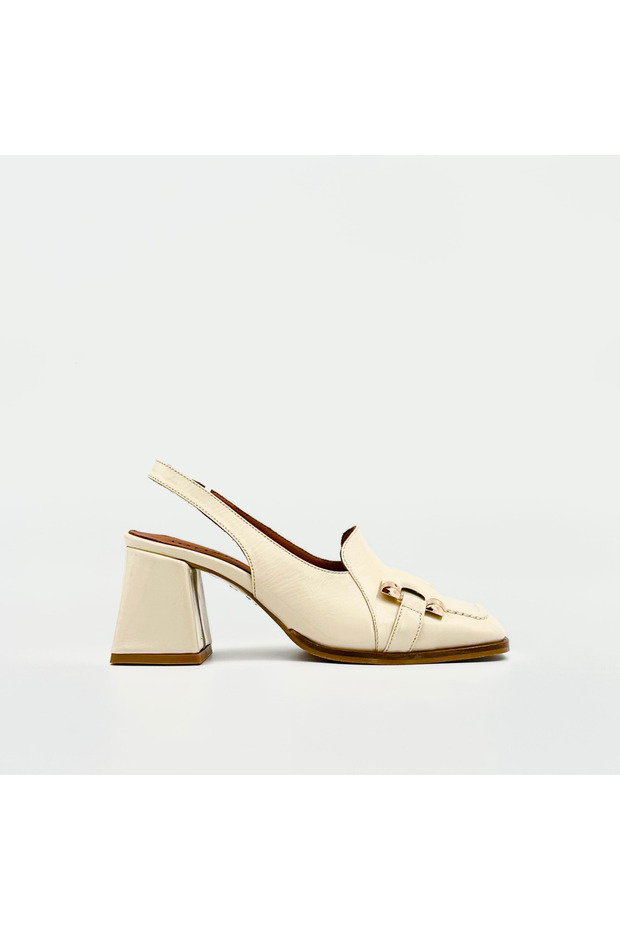 Beige Wrinkled Patent Leather Heeled Slingback Loafer – with Gold Accessories