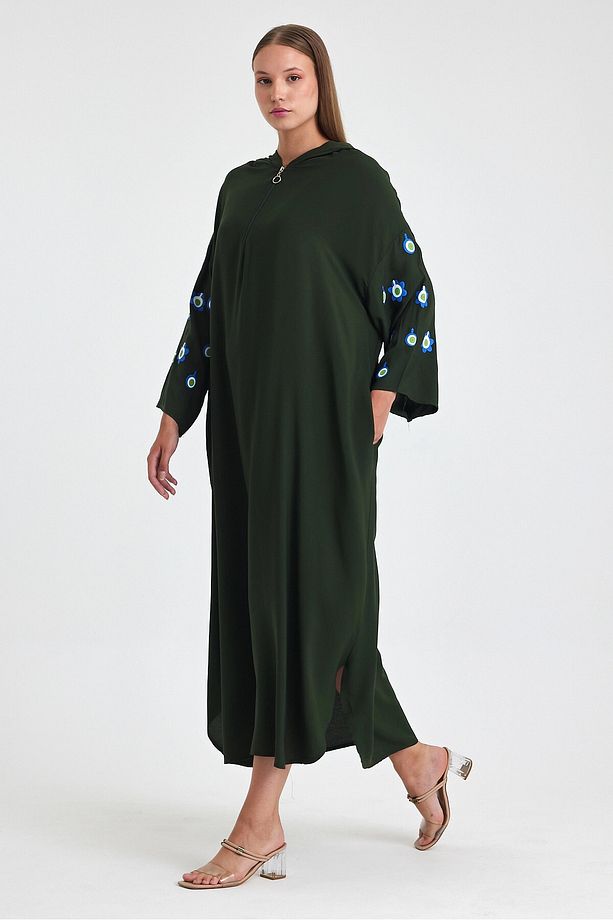 Maxi Boy Haki Kapüşonlu Nakış Işlemeli Örme Viscon Elbise Bcvl-25981 - 3