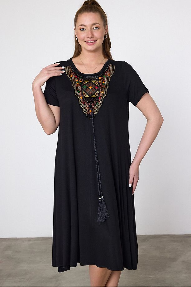 Maxi Boy Siyah Nakış Işlemeli Örme Viscon Elbise Bcvl-25v22 - 4