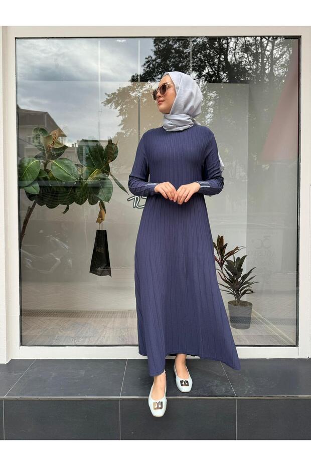 Fitilli Triko Kadın Elbise Indigo - 2