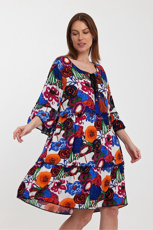 Maxi Boy Turuncu Bisiklet Yaka Çiçek Desenli Dokuma Elbise Bcvl-245490 - 4