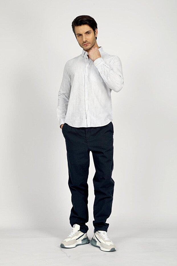 Zarse Normal Waist Tapered Cut Shrinkable Leg 100% Cotton Navy Blue Men's Trousers