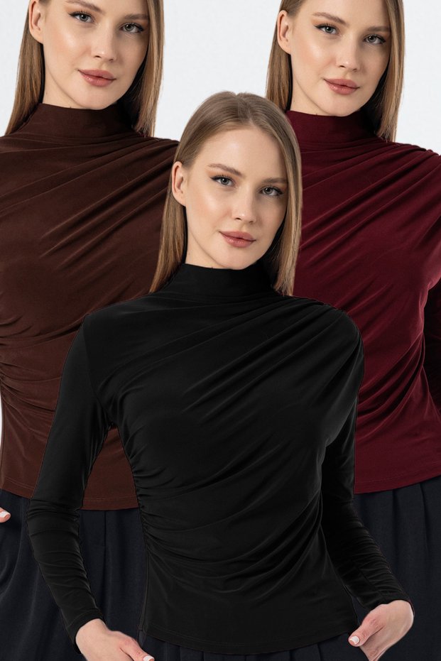 Women's Black Burgundy Brown 3-Piece Drawstring Detail Stand Collar Sandy Blouse