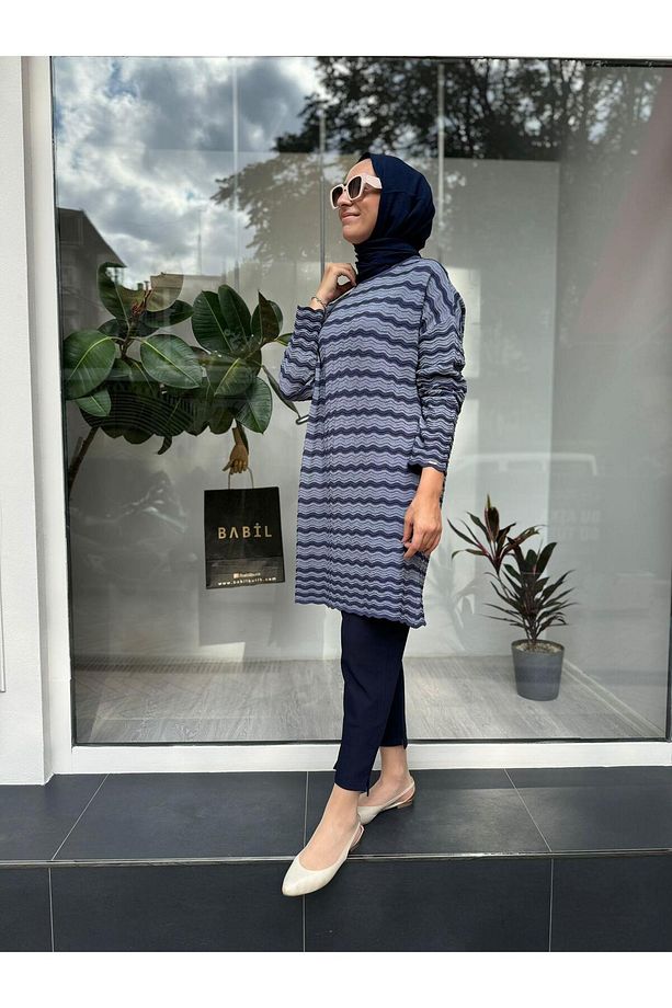 Su Dalgası Desen Triko Tunik Indigo - 3