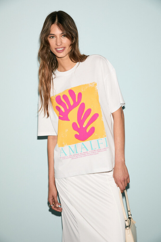 Women's 100% Cotton Crew Neck Short Sleeve Oversize Fit White / Patterned T-Shirt