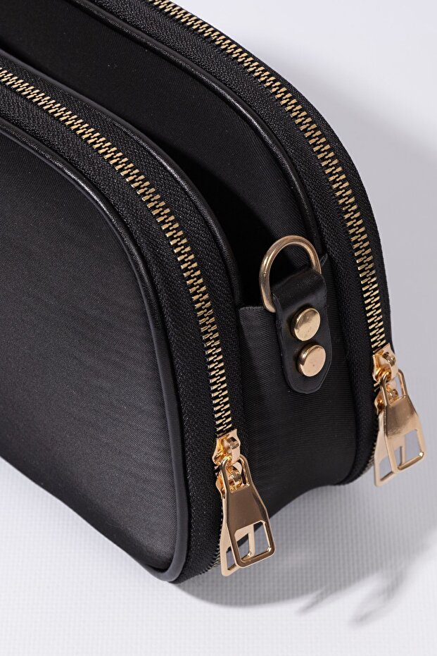 Dámska čierna 3-priestorová saténová kožená denná taška cez rameno s nastaviteľným stĺpikovým popruhom - 4