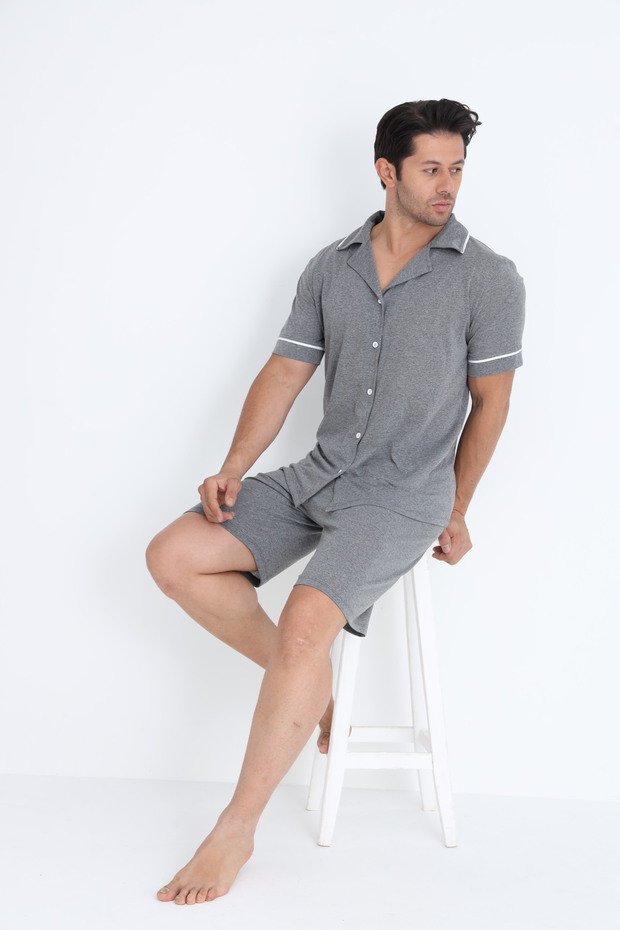 Erkek Kısa Kol Düğmeli Şort Takım - 1