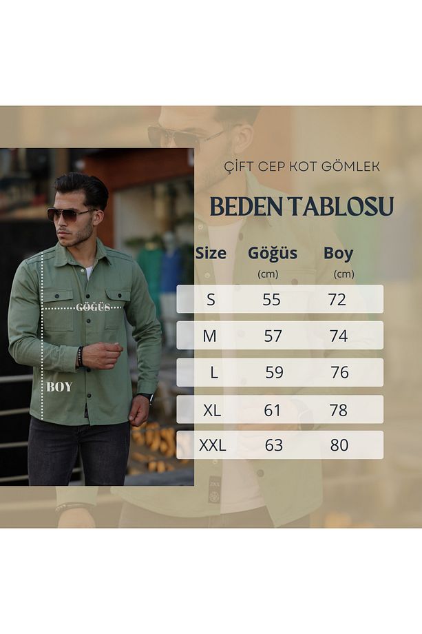 Mint Renk Çift Cep Erkek Kot Gömlek - 5
