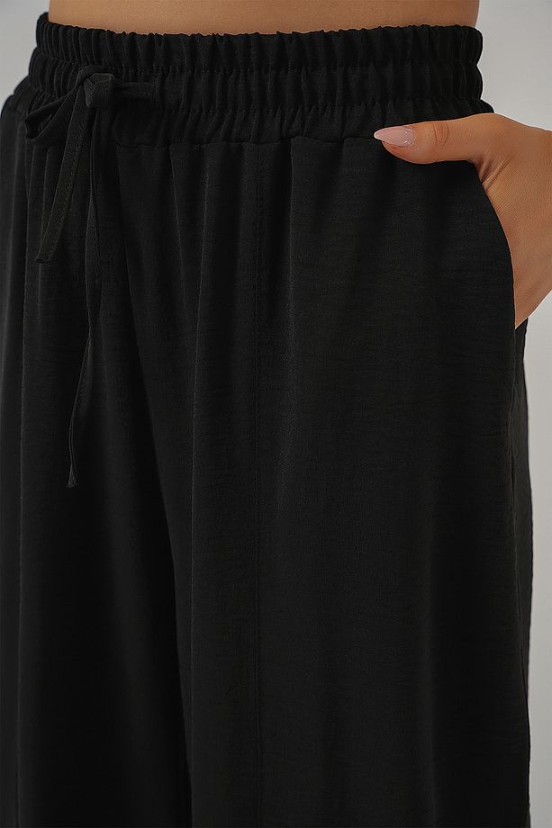6591 Dokuma Şalvar Pantolon - Siyah - 5