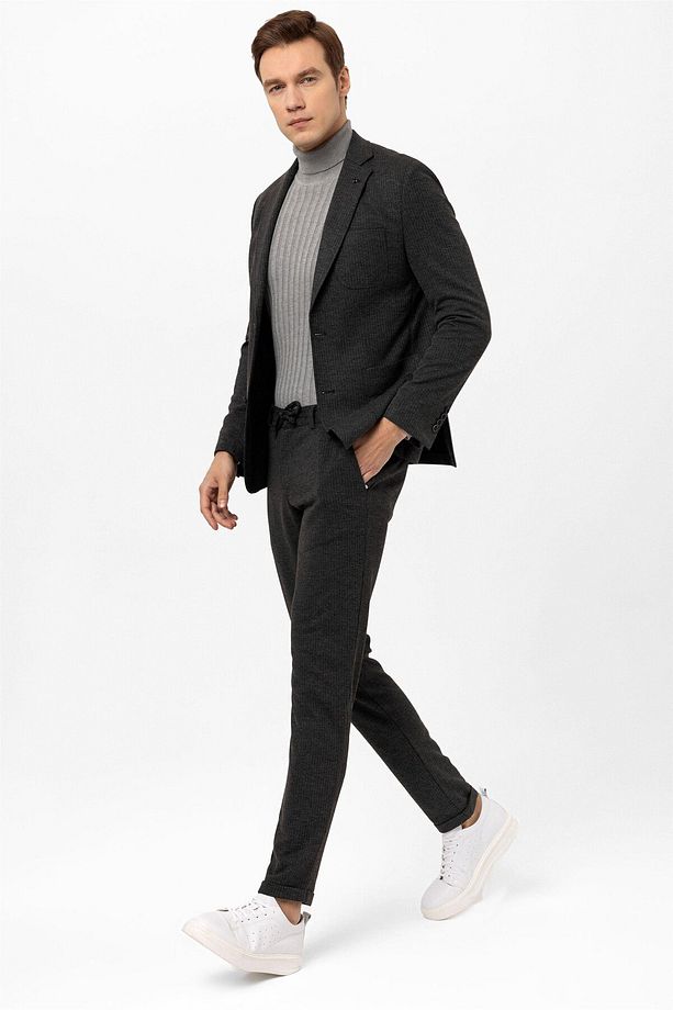 Antrasit Slim Fit Armürlü Mono Yaka 6 Drop Klasik Takım Elbise - 3