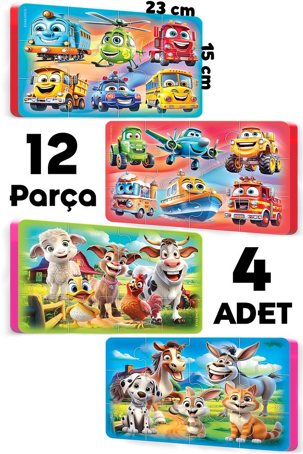 12 Parça Kalın Çocuk Puzzle Yapboz 4 Adet Taşıtlar Çiftlik Hayvanları - 9