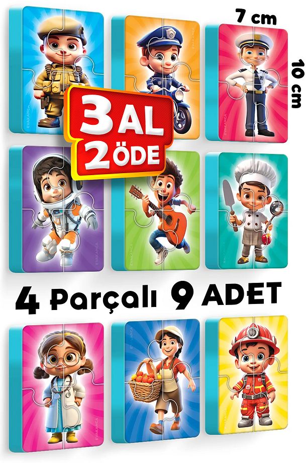 4 Parçalı 9 Adet Meslekler Kalın Çocuk Puzzle Yapboz - 1