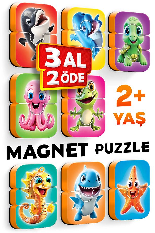 Deniz Hayvanları Mıknatıslı Yapboz 8 Adet 2-3 Parçalı Magnet Puzzle 2 Yaş - 1