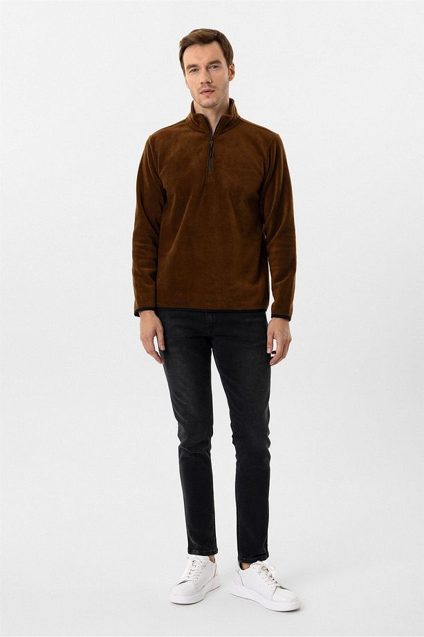 Koyu Kahve Regular Düz Sivri Yaka Sweatshirt - 4
