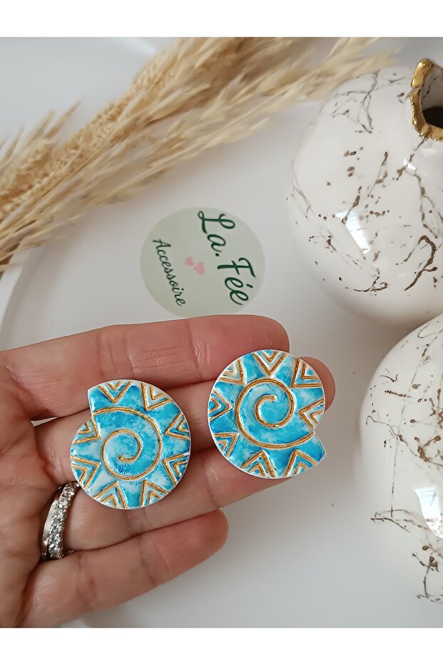 Blue Ceramic Pattern Earrings with Steel Earrings - Textured Polymer Clay Earrings Ethnic Bohemian Women's Earrings