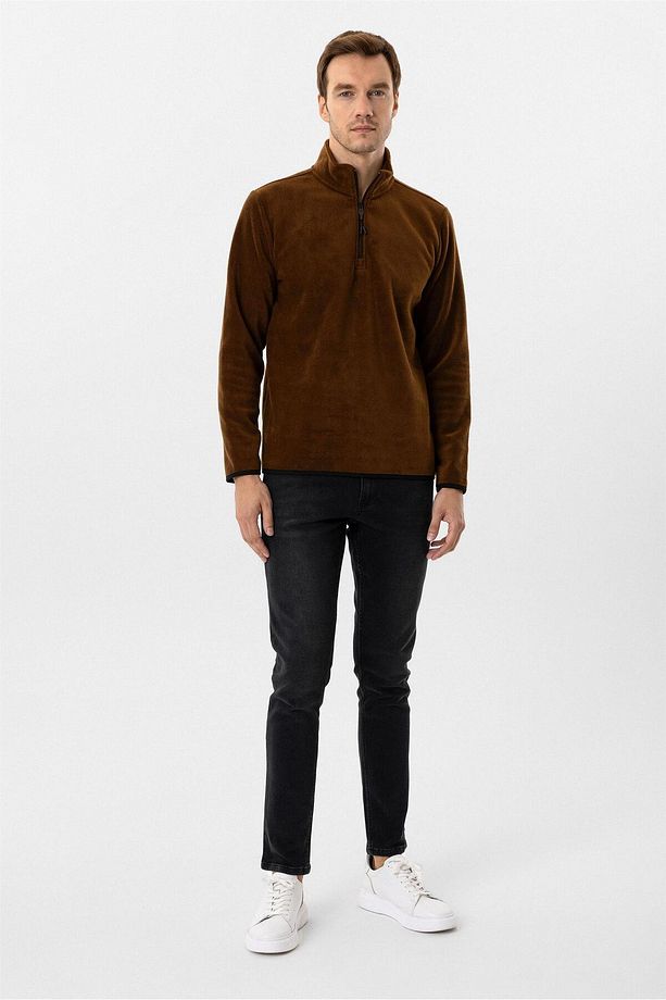 Koyu Kahve Regular Düz Sivri Yaka Sweatshirt - 5