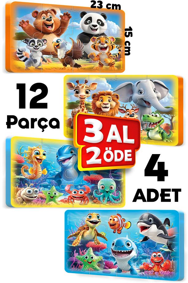 12 Parçalı 4 Adet Kalın Çocuk Puzzle Yapboz - 1