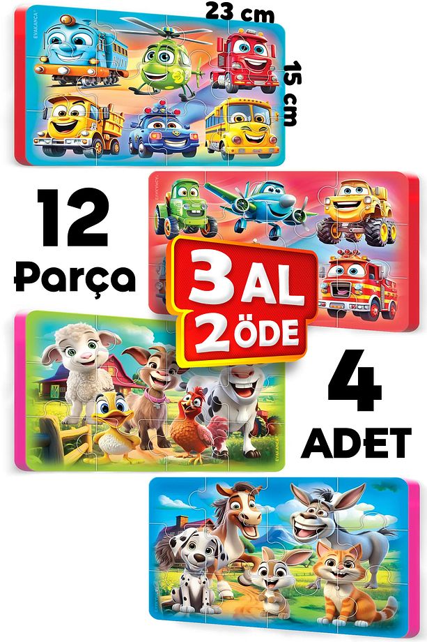 12 Parça Kalın Çocuk Puzzle Yapboz 4 Adet Taşıtlar Çiftlik Hayvanları - 1