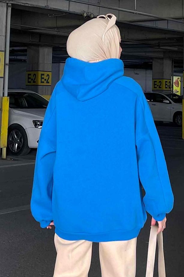 Kapüşonlu Oversize Yan Cepli Sweat Saks Mavisi - 4
