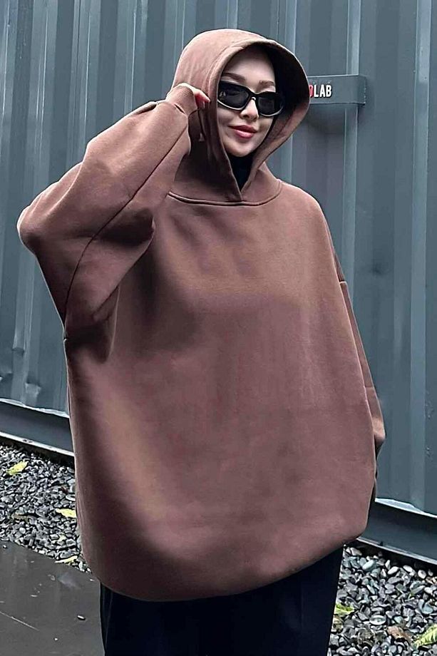 Kapüşonlu Salaş Sweatshirt Acı Kahve - 3