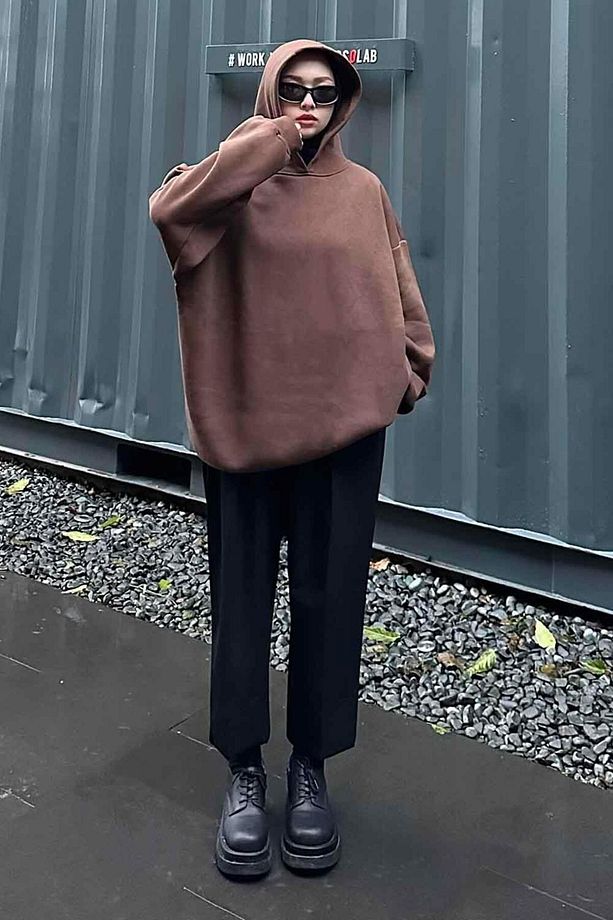 Kapüşonlu Salaş Sweatshirt Acı Kahve - 1