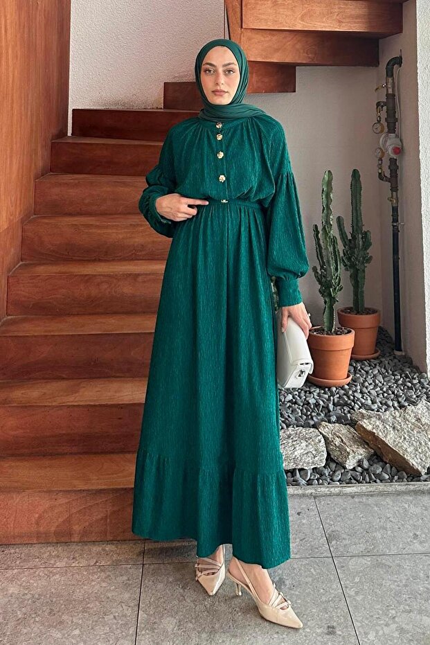 Gold Button Detailed Crinkle Dress Emerald Green