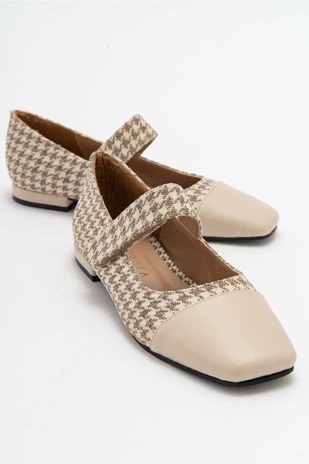 TOWN Beige Houndstooth Velcro Casual Ballet Shoes