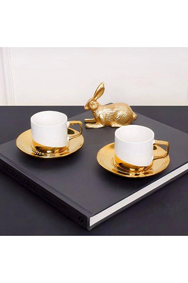 Opus Gold Gilt 100 ml 2-Person Porcelain Coffee Cup Set White Purebone-56