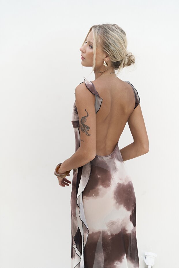 Magi Fırfır Detay Kahve Uzun Elbise - 7