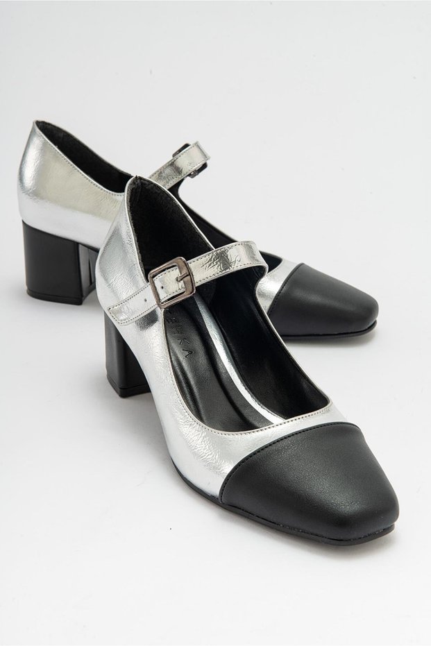 MIANO Silver Metallic Black Skin Buckle Women's Shoes