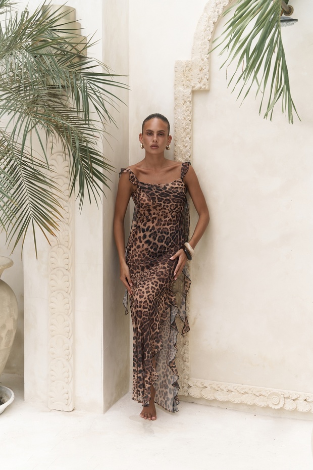 Rochie lungă cu model leopard cu volane Magi - 4