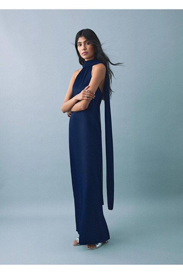 Halter yaka saten elbise - 5