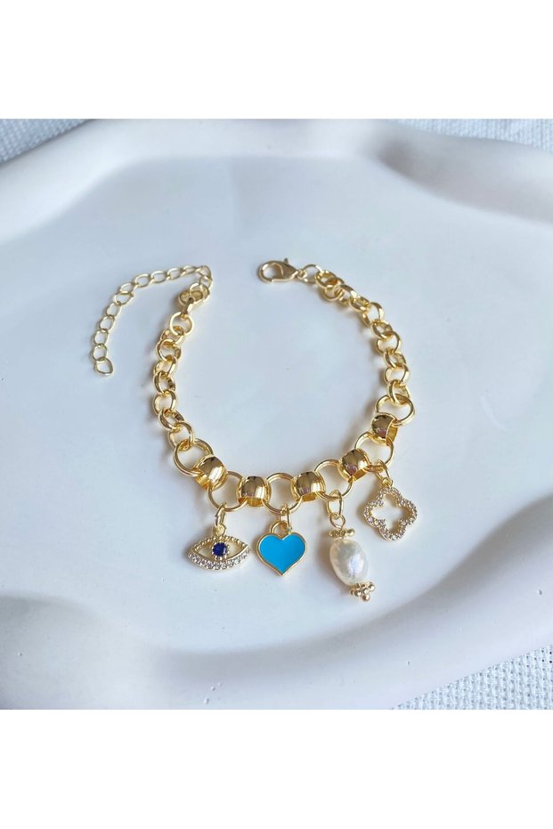 Women's Bracelet with Interlocking Chain, Pearl, Clover, Blue Heart and Eye Detail Bracelet
