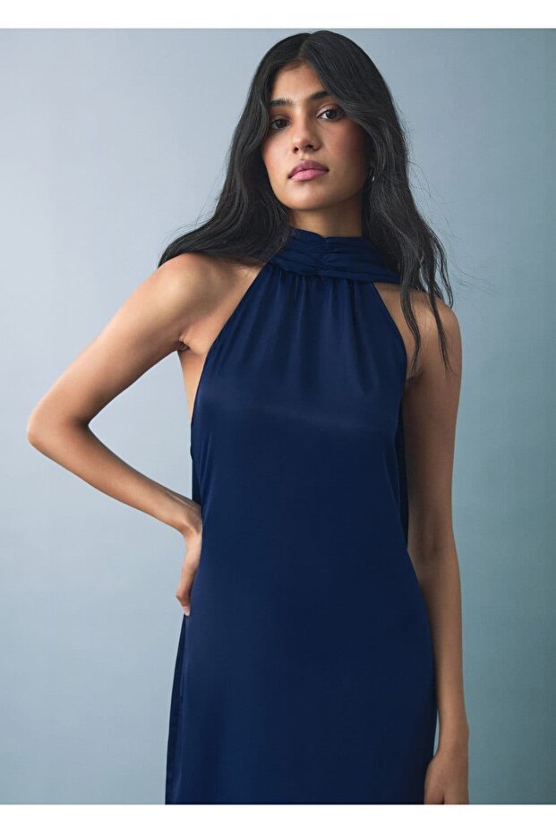 Halter yaka saten elbise - 7