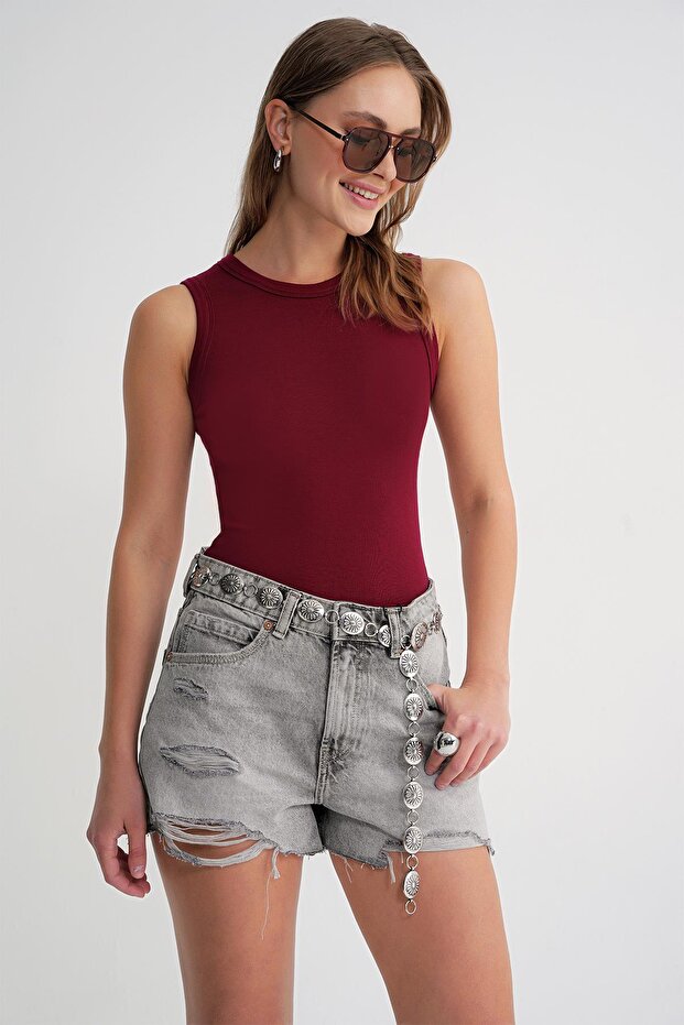 2012 Kadın Slim Fit Basic Atlet Bordo - 2