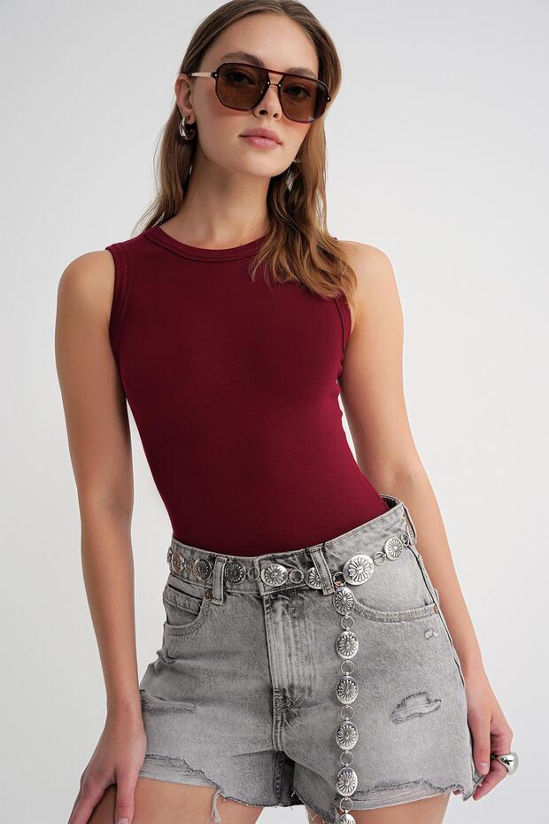 2012 Kadın Slim Fit Basic Atlet Bordo - 4