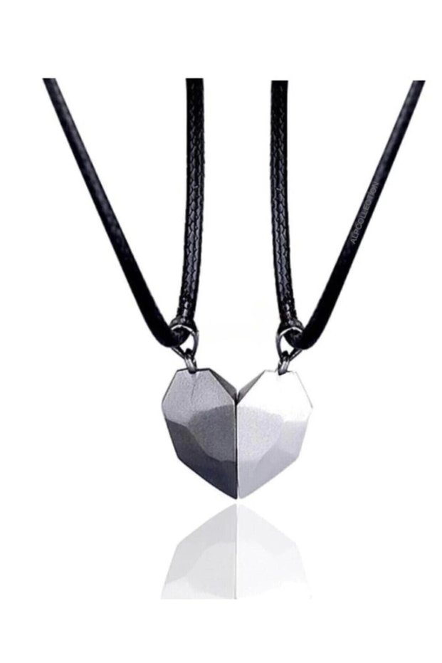 Gray Black Two Pieces Magnet Double Heart Lover Metal Necklace Jewelry